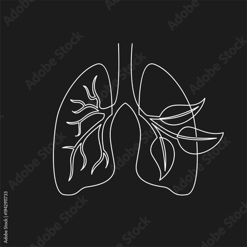 Minimalist Line Art Illustration of Human Lungs with Bronchial Tree and Leaves, Representing Respiratory Health and Eco-Friendly Concept