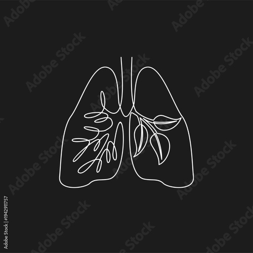Minimalist One Line Art of Human Lungs with Green Leaves and Abstract Swirls