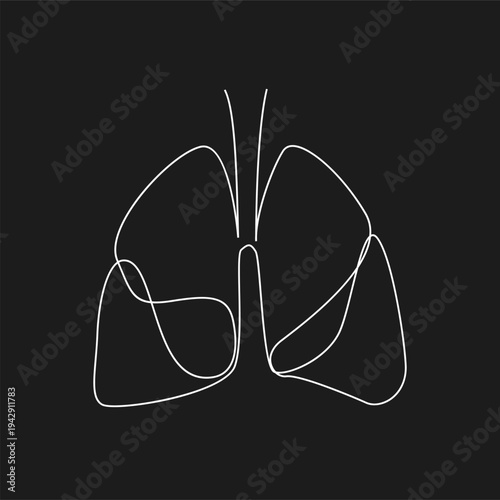 Continuous Line Drawing of Human Lungs and Respiratory System Anatomy. Minimalist Medical Organ Outline Illustration on Black Background.
