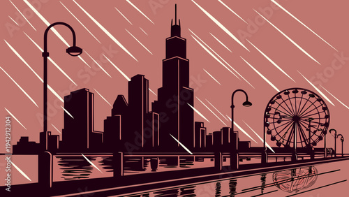 Cityscape Silhouette Under Heavy Rainfall with Waterfront Ferris Wheel and Streetlights Stylized Artwork chicago skyline vector