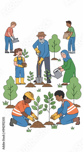 Community tree planting action for greener environment. Diverse group actively plants saplings, digs soil, waters plants. Tree planting concept for ecological awareness, nature preservation,