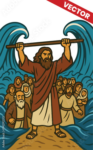 Prophet Moses Parting the Red Sea Bible Story Illustration Vector Crossing the Sea Miracle Exodus People of Israel Escape from Egypt Biblical History Religious Scene Christian Art Design