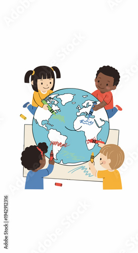 Diverse children globe drawing, depicting four kids with crayons coloring Earth illustration. Engaged children globe drawing promotes global education and environmental awareness.