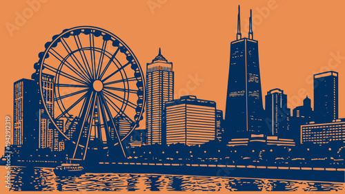 Urban Skyline Silhouette Featuring Large Observation Wheel Downtown Architecture Contrast Against Solid Background chicago skyline vector