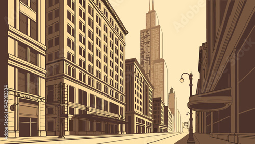 Sepia Tone Downtown Street View with Historic and Modern Architecture Along Urban Roadway Perspective chicago skyline vector