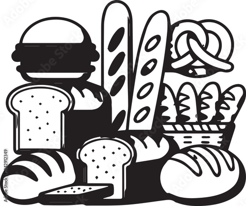 Cartoon vector set of fast food and bakery icons featuring a burger, meat sandwich, breakfast coffee with milk, and sweet cupcake drawings for a complete meal design