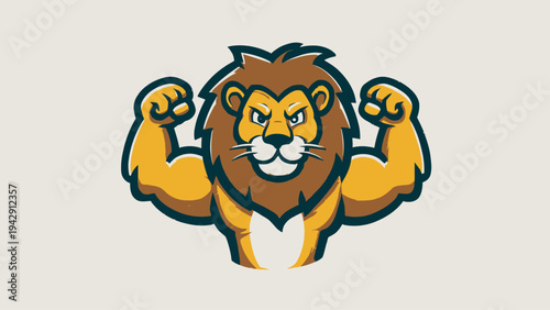 Dynamic illustration of a mighty lion mascot flexing strong biceps, symbolizing power, bravery, and an energetic force