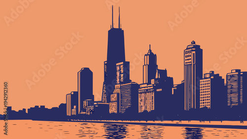 Urban Skyline Silhouette Reflection Over Water At Dusk Minimalist Two Color Design Landmark Architecture chicago skyline vector