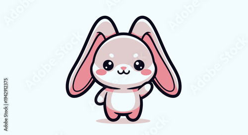 Cute pink bunny waving hello in a charming cartoon illustration