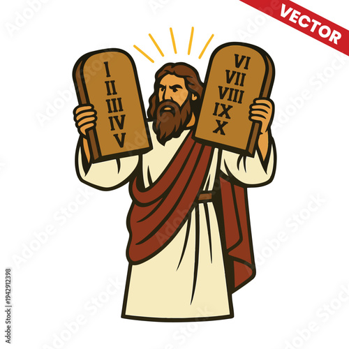 Moses Holding Two Stone Tablets with Ten Commandments Bible Story Illustration Vector Prophet Law of God Sinai Mountain Religion Christianity Judaism Biblical Character Holy Scripture Design