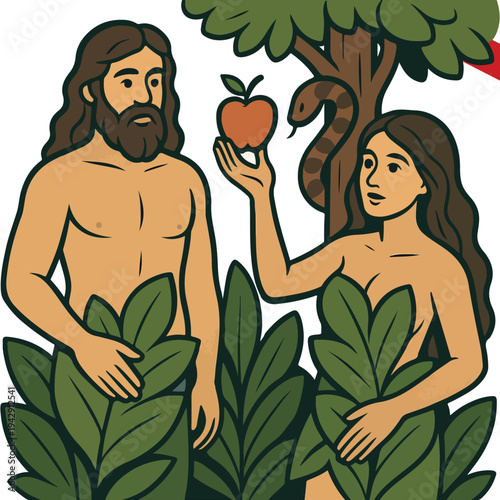 Adam and Eve in Garden of Eden Forbidden Fruit Apple Snake Serpent Original Sin Genesis Concept Vector Illustration Bible Story Old Testament