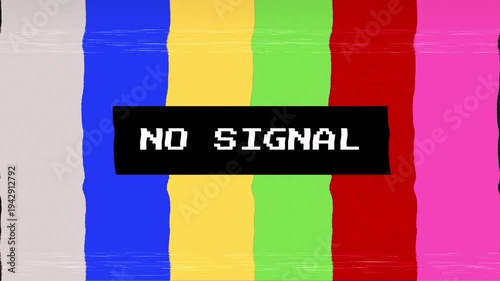 Retro television screen displaying classic color bars with a prominent 'NO SIGNAL' message, symbolizing a lost connection, broadcast interruption, or system error