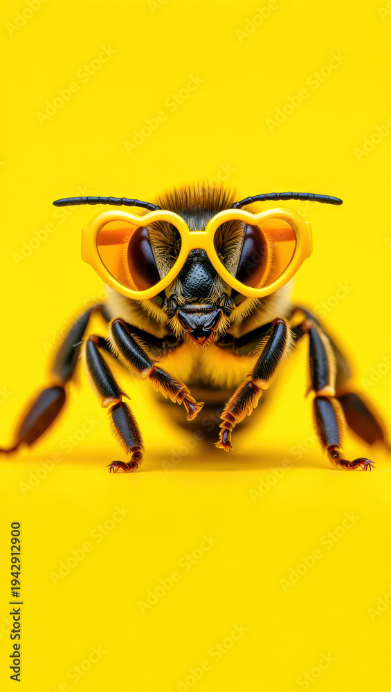 Naklejka premium Bee wearing stylish sunglasses on bright yellow background, humor in nature, insect fashion, creative photography, playful concept, close-up detailed view, vibrant color contrast
