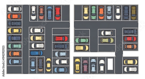 Aerial view of a busy parking lot filled with cars.