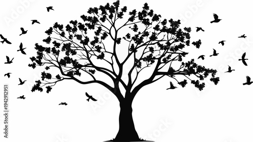 A minimalist black silhouette of a tree with birds flying around it