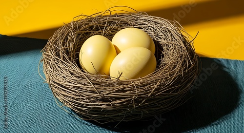Bird nest with three yellow eggs on blue fabric and yellow background