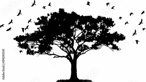 A minimalist vector graphic of a tree silhouette with birds flying away