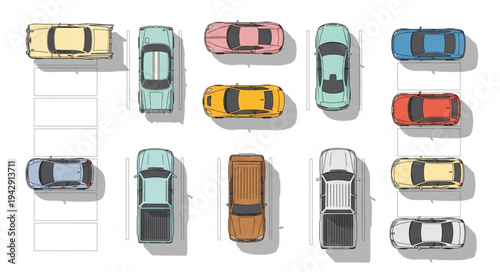 Collection of colorful cars parked in a lot seen from above.
