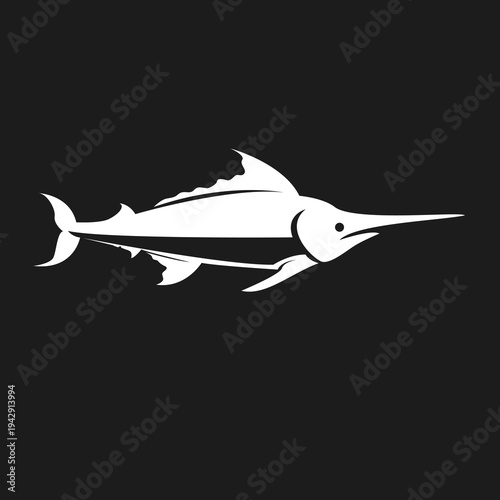 White Marlin Fish Silhouette Vector on Black Background with Stylized Design