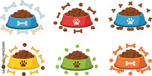 Dog Food Bowls with Kibble and Bones Collection Pet Feeding Vector Set