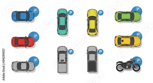 Collection of diverse vehicles parked in designated spots.