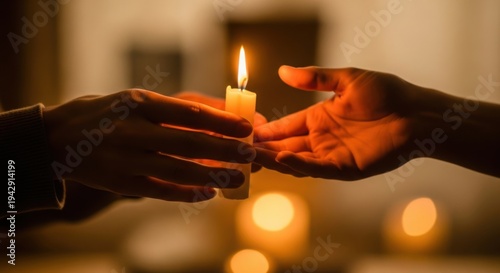 Gentle hands whisk illuminated candle, carefully passing bright flame with warm glow, symbolizing hope, whisking away darkness. Concept whisk for design-forward textures,