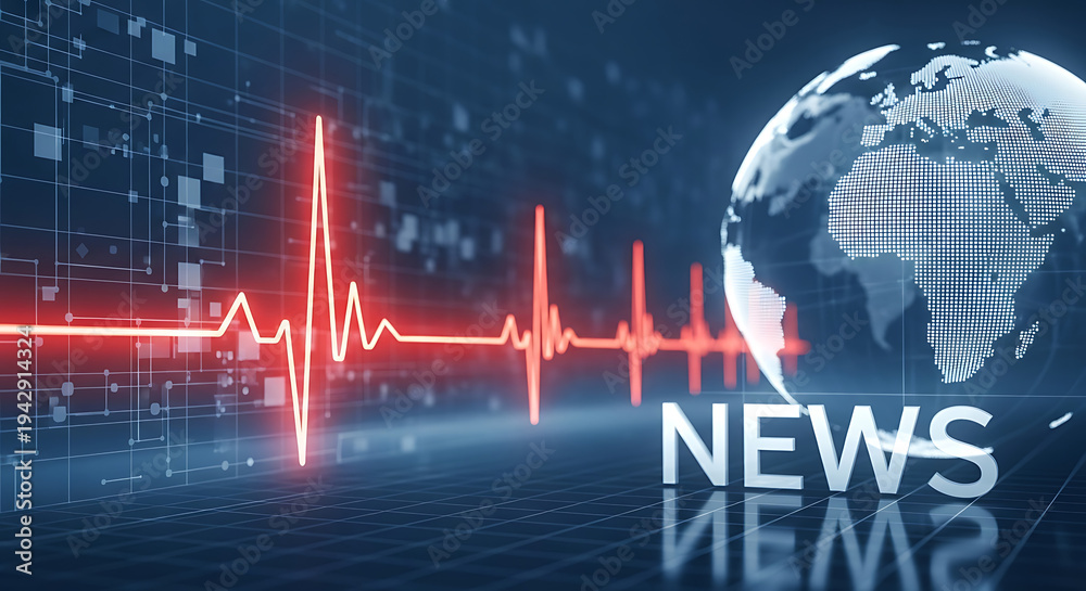 Fototapeta premium Global News Broadcast with Heartbeat Graphic and Earth Globe Display