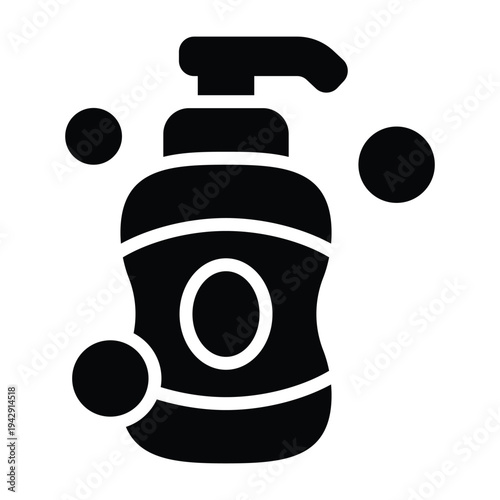 Solid black glyph illustration of shampoo bottle with foam bubbles representing hair washing and personal hygiene routine. Minimal silhouette design suitable for bathroom, beauty, and wellness visuals
