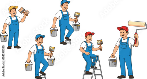 House Painters with Brushes and Rollers Cartoon Worker Characters Vector Set