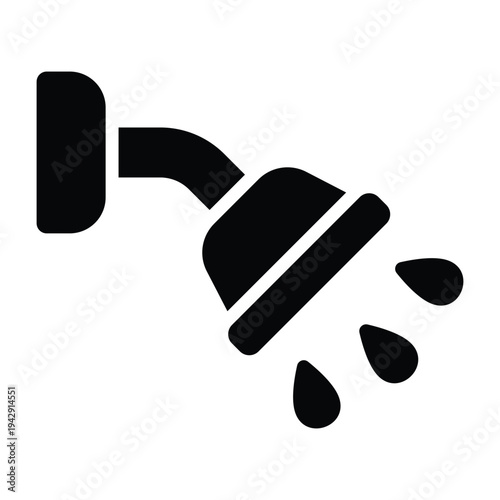 Solid glyph illustration of shower head with water drops symbolizing bathing and hygiene. Simple black silhouette style suitable for bathroom and wellness visuals.