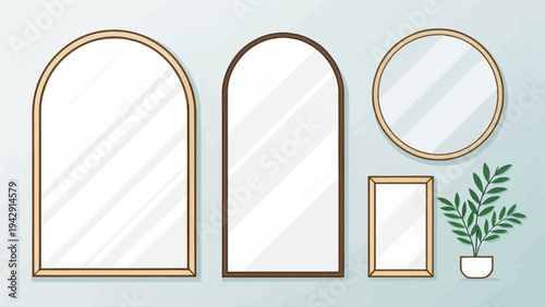 Modern mirror shapes flat vector set featuring round arch and rectangle frames with gold accents on light blue background