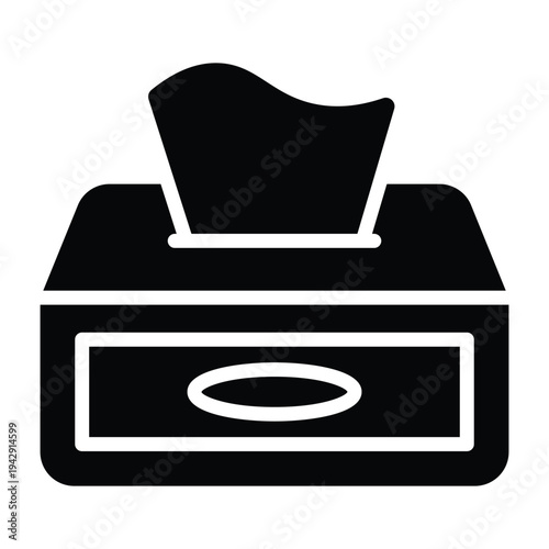 Solid glyph illustration of tissue box representing hygiene and household cleaning routine. Simple black silhouette design suitable for healthcare and sanitation themes.