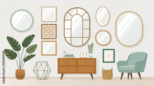Modern home decor with various mirrors and furniture on a white wall background