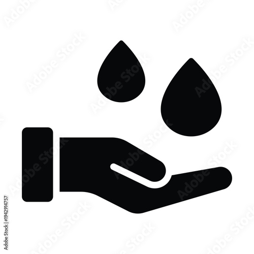 Solid glyph illustration of hands washing with water drops representing hygiene and sanitation. Simple black silhouette design ideal for healthcare, safety, and public health visuals.