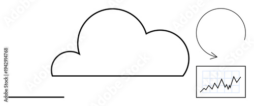 Cloud storage, data analytics, networking, technology, digital transformation, business growth. Outline of a cloud, arrow and graph. Cloud storage and data analytics concept