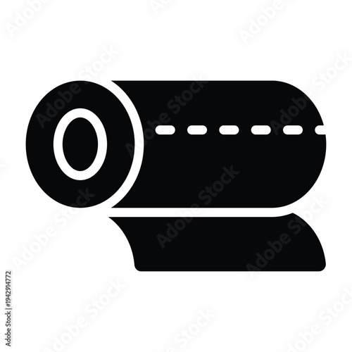 Solid glyph illustration of toilet paper roll representing bathroom hygiene and sanitation. Minimal black silhouette design suitable for household and restroom signage.