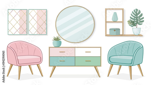 Modern furniture and accessory vector set with pastel chairs dresser mirror and decor