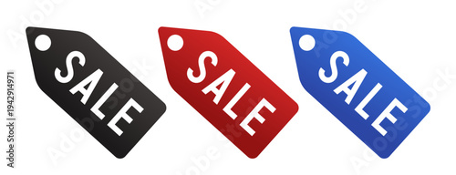 Sale tag. Balck, red and blue tag on a white background. Vector illustration.