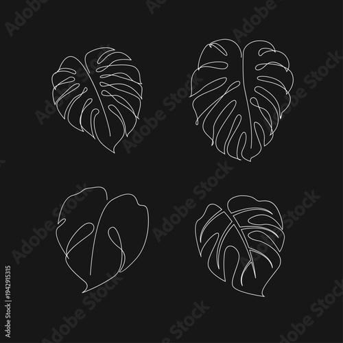 Minimalist Monstera Leaves Line Art Set. Tropical Botanical Continuous Line Drawing Illustrations on Dark Background.