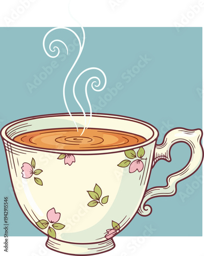 A beautifully illustrated teacup with steam rising from the hot beverage.