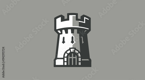 Architectural Tower Illustration Depicting a Fortress Structure on Gray Background.