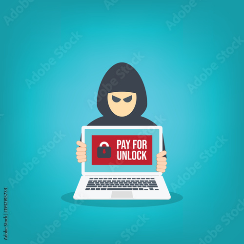 Ransomware Cyber Attack Concept – Hacker Demanding Payment to Unlock Laptop, Malware Cybercrime, Data Encryption Extortion, Cybersecurity Threat Vector Illustration