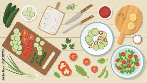 Kitchen food preparation flat lay with vegetables cutting boards and plates on a wooden table for cooking and recipe