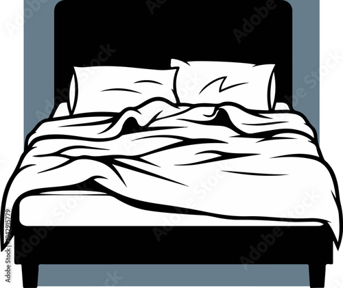 Black and white illustration of a comfortable bed with pillows and blankets.