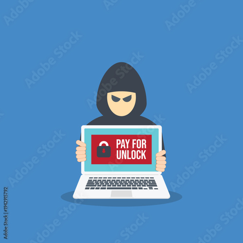 Ransomware Cyber Attack Concept – Hacker Demanding Payment to Unlock Laptop, Malware Cybercrime, Data Encryption Extortion, Cybersecurity Threat Vector Illustration