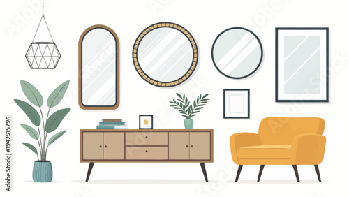 Modern living room interior design elements with mirrors and furniture flat vector pack