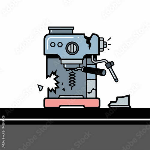 Broken espresso machine, damaged appliance, coffee maker failure.