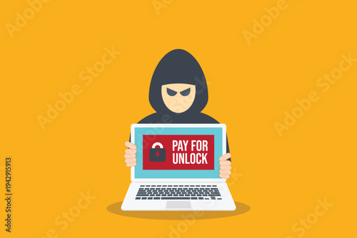 Ransomware Cyber Attack Concept – Hacker Demanding Payment to Unlock Laptop, Malware Cybercrime, Data Encryption Extortion, Cybersecurity Threat Vector Illustration