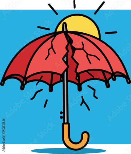 Broken Red Umbrella with Sun Shining in the Background.