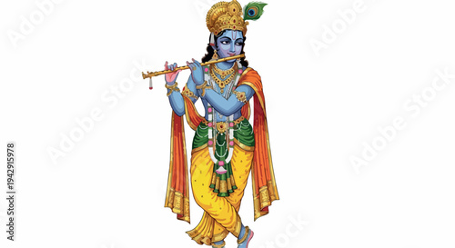 Illustration of Krishna standing and holding a flute with traditional Indian attire and ornaments on a white background.